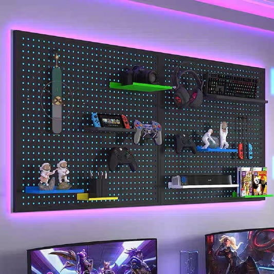 RGB Gaming Pegboard Wall Organizer with Metal Panels and Hooks, 12x24 Setup